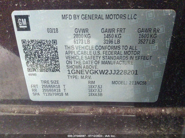 Chevrolet Traverse Lt Cloth 2018 1GNEVGKW2JJ228201 Image 9
