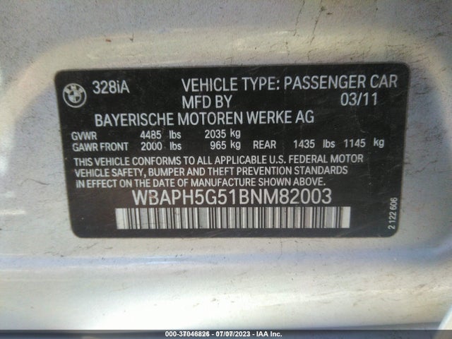 2011 BMW 3 SERIES 328I VIN: WBAPH5G51BNM82003