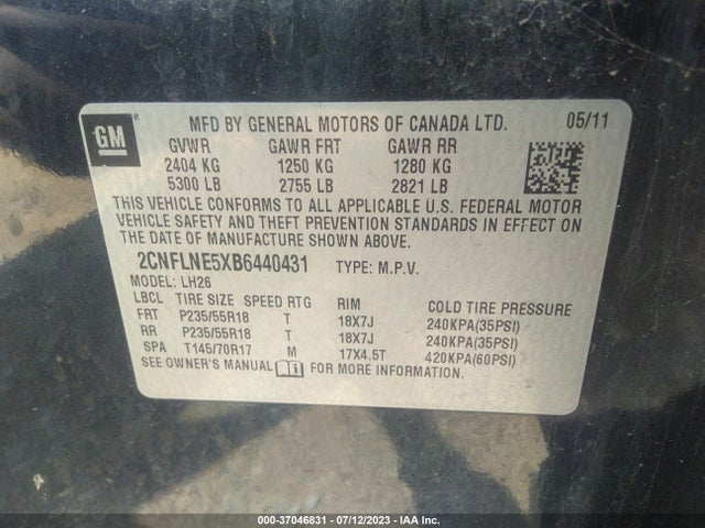Продаж на аукціоні авто 2011 Chevrolet Equinox Lt W/2lt, vin: 2CNFLNE5XB6440431, номер лоту: 37046831