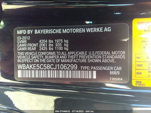 2012 BMW 3 SERIES 328I VIN: WBAKE5C58CJ106299