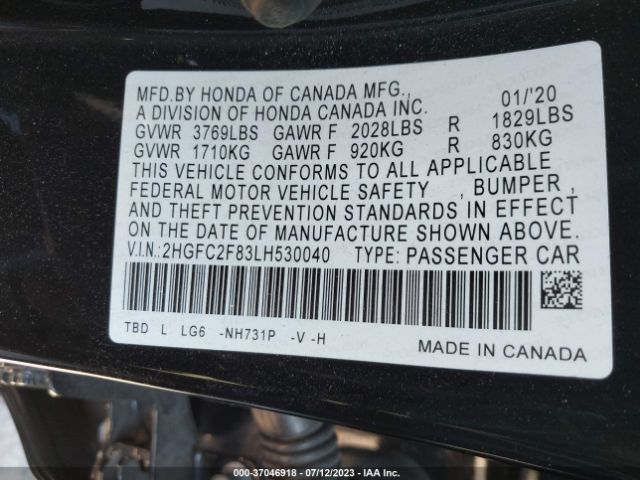 2HGFC2F83LH530040 Honda Civic Sedan Sport