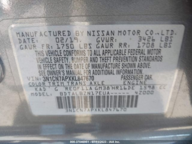 3N1CN7APXKL847670 Nissan Versa Sedan Sv