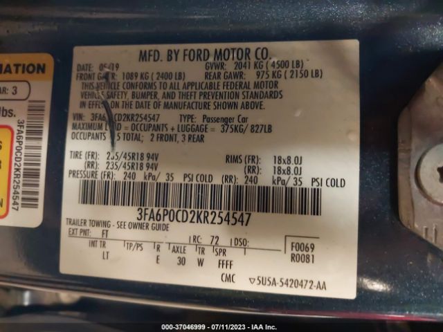 3FA6P0CD2KR254547 Ford FUSION SEL