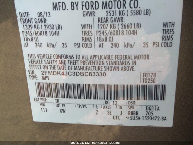 2013 FORD EDGE SEL VIN: 2FMDK4JC3DBC83330