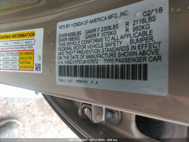 2018 HONDA ACCORD SEDAN EX-L 1.5T VIN: 1HGCV1F57JA107972