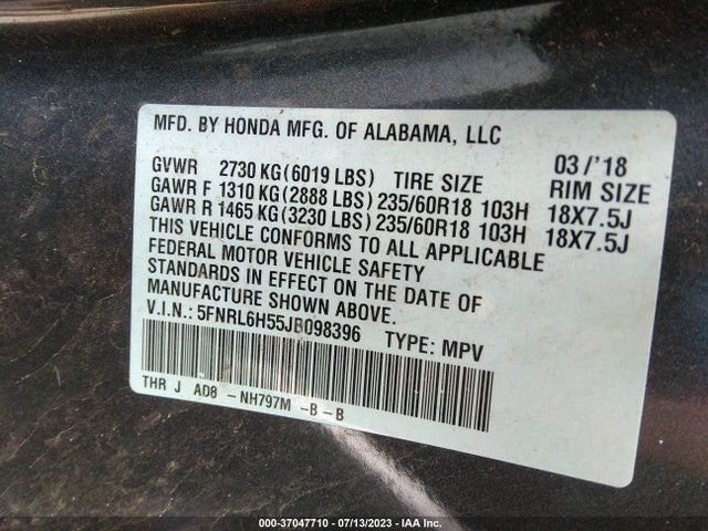 2018 HONDA ODYSSEY EX VIN: 5FNRL6H55JB098396