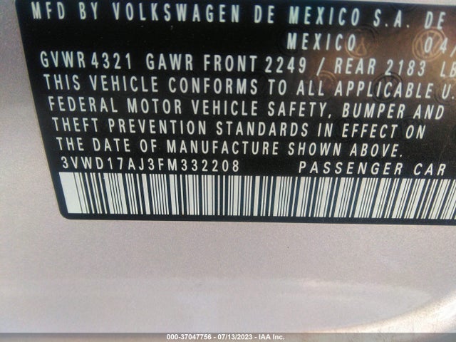 3VWD17AJ3FM332208 Volkswagen Jetta Sedan 1.8t Se
