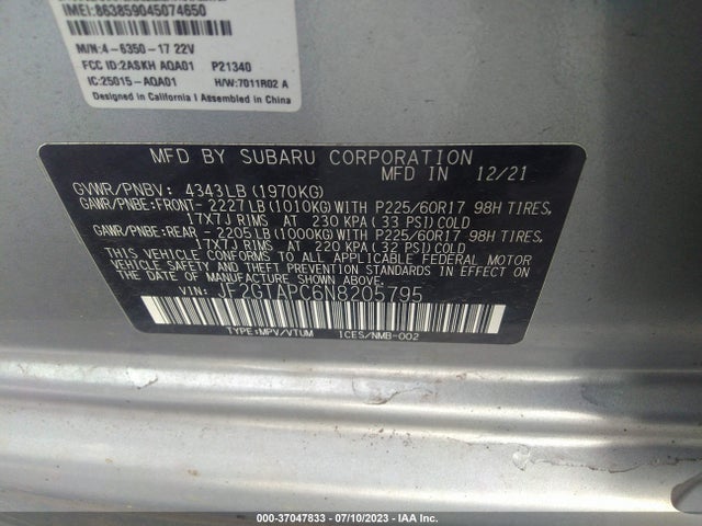 2022 SUBARU CROSSTREK PREMIUM VIN: JF2GTAPC6N8205795