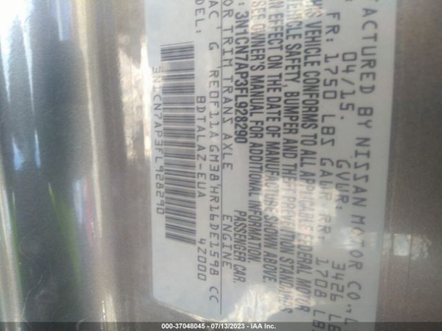 3N1CN7AP3FL928290 Nissan Versa S Plus
