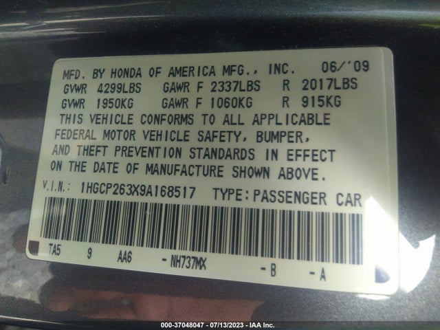 2009 HONDA ACCORD SDN LX VIN: 1HGCP263X9A168517