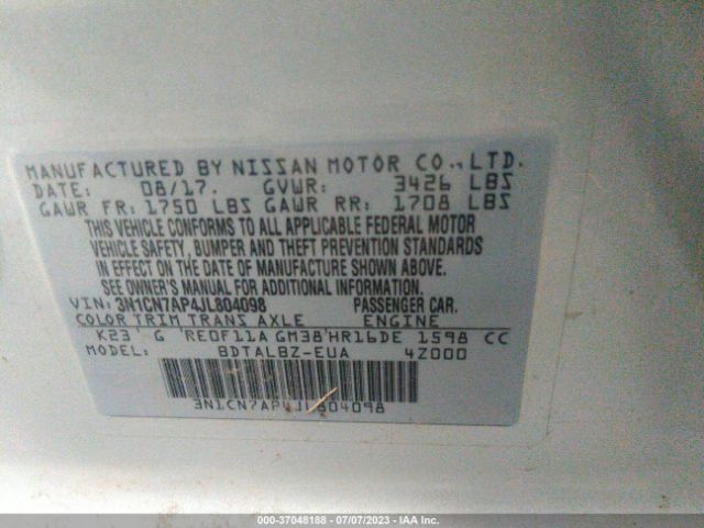 3N1CN7AP4JL804098 Nissan Versa Sedan Sv