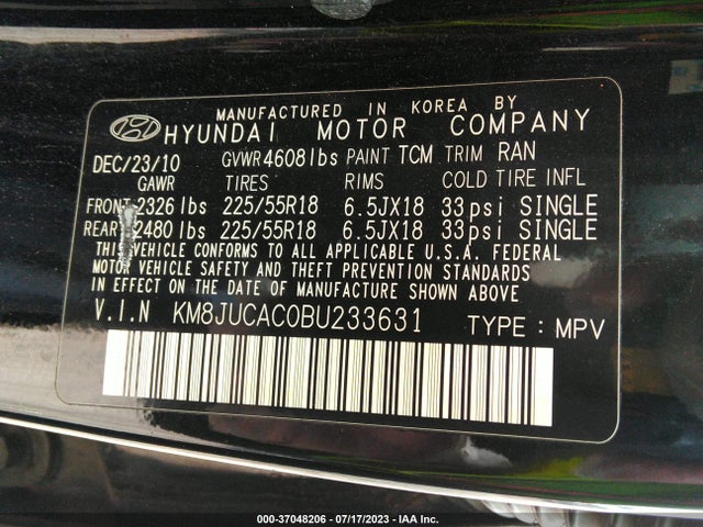 2011 HYUNDAI TUCSON LIMITED PZEV VIN: KM8JUCAC0BU233631