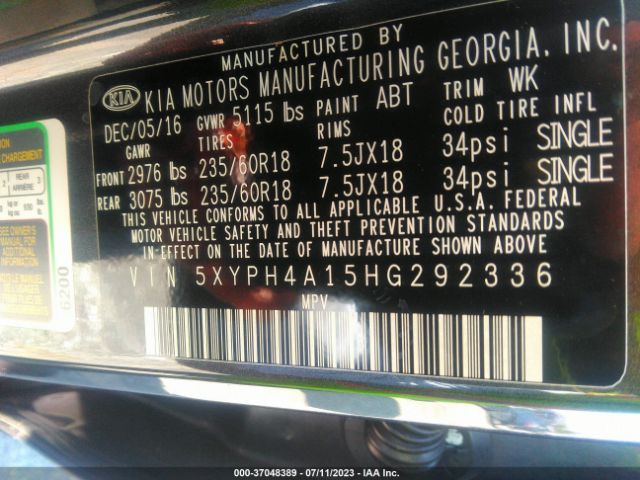 5XYPH4A15HG292336 KIA SORENTO EX
