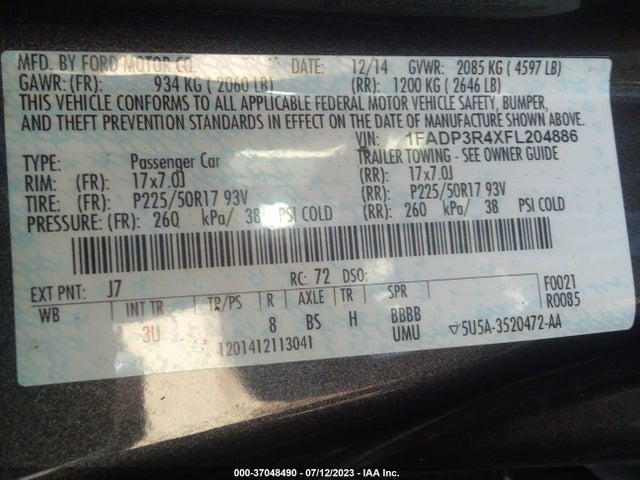 1FADP3R4XFL204886 Ford FOCUS ELECTRIC
