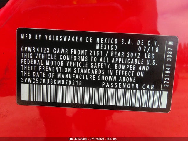 3VWC57BU6KM070218 Volkswagen Jetta S/se/r-line
