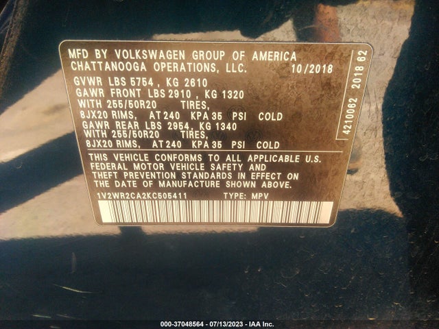 1V2WR2CA2KC505411 Volkswagen Atlas 3.6l V6 Se W/technology
