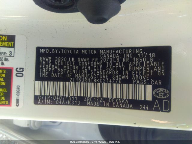 2T1BURHE8KC214776 Toyota COROLLA LE