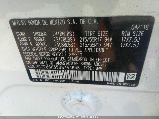 Honda HR-V EX 2016 3CZRU6H55GM743656 Image 9