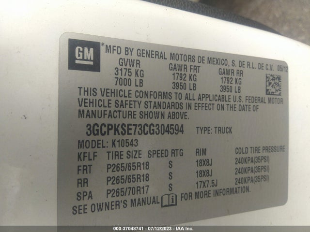 2012 CHEVROLET SILVERADO 1500 LT VIN: 3GCPKSE73CG304594