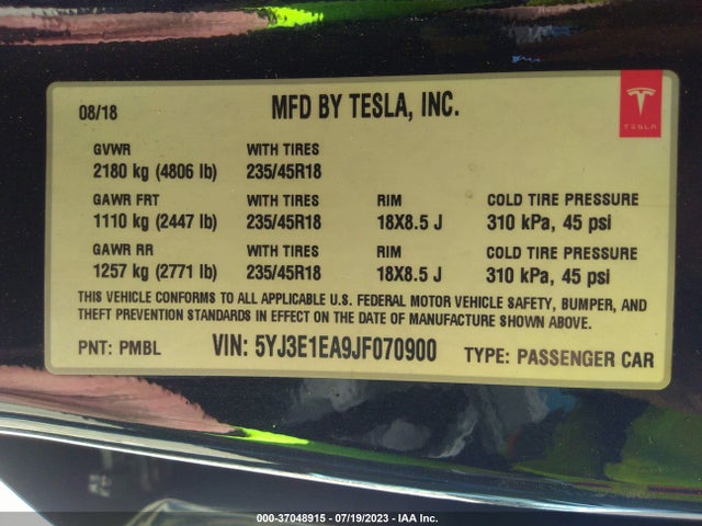 Tesla Model 3 Range Battery 2018 5YJ3E1EA9JF070900 Image 9