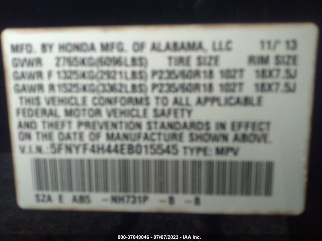 Honda Pilot Ex 2014 5FNYF4H44EB015545 Image 9
