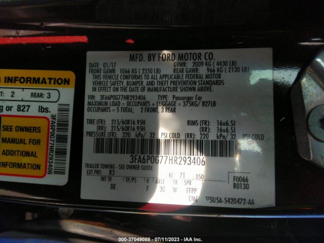 3FA6P0G77HR293406 Ford FUSION S