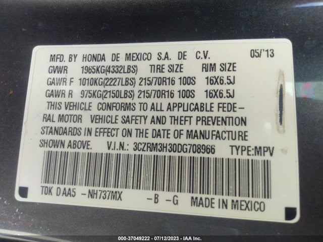 2013 HONDA CR-V LX VIN: 3CZRM3H30DG708966