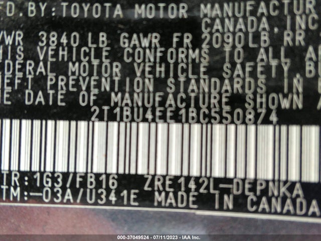 2011 TOYOTA COROLLA L/LE/S VIN: 2T1BU4EE1BC550874