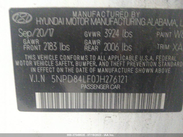 2018 HYUNDAI ELANTRA SEL VIN: 5NPD84LF0JH276121