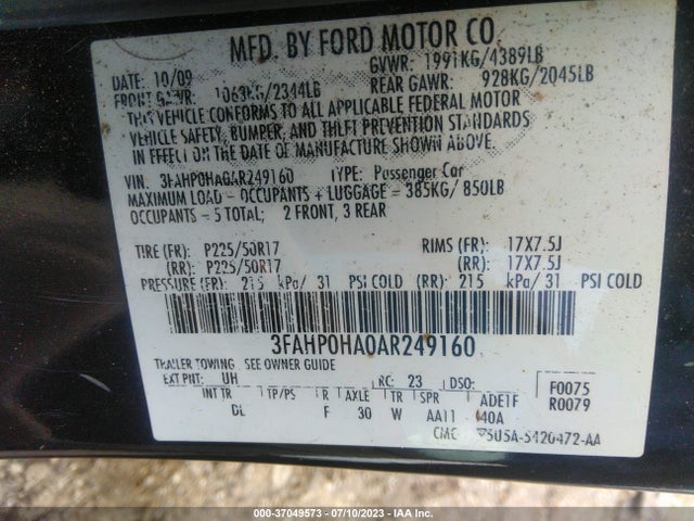 2010 FORD FUSION SE VIN: 3FAHP0HA0AR249160