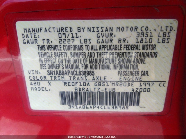 2012 NISSAN SENTRA 2.0 SR VIN: 3N1AB6AP4CL638985
