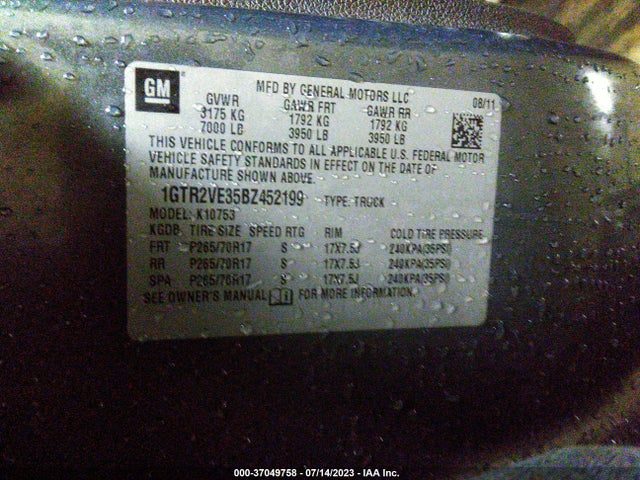 2011 GMC SIERRA 1500 SLE VIN: 1GTR2VE35BZ452199