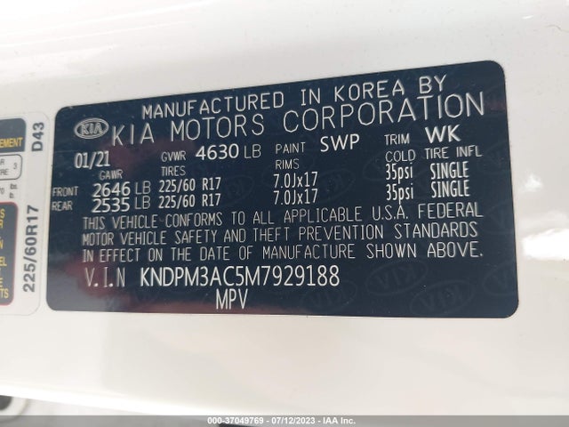 2021 KIA SPORTAGE LX VIN: KNDPM3AC5M7929188