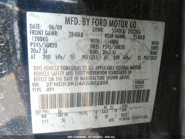 2010 FORD EDGE LIMITED VIN: 2FMDK3KC4ABA02205