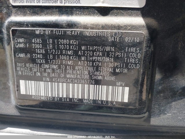 2010 SUBARU OUTBACK VIN: 4S4BRCAC3A3365776