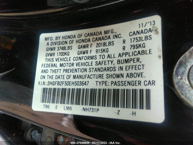 Honda Civic Sedan Lx 2014 2HGFB2F50EH503647 Image 9