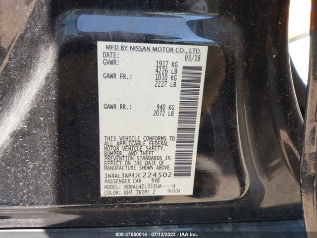 2018 NISSAN ALTIMA 2.5 SR VIN: 1N4AL3AP4JC224502