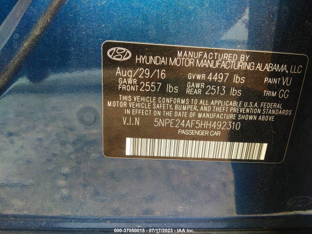 2017 HYUNDAI SONATA 2.4L VIN: 5NPE24AF5HH492310