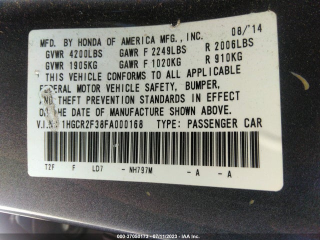 Honda Accord Sedan Lx 2015 1HGCR2F38FA000168 Image 9
