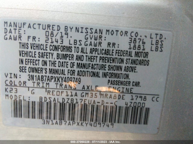 2019 NISSAN SENTRA SV VIN: 3N1AB7APXKY409749