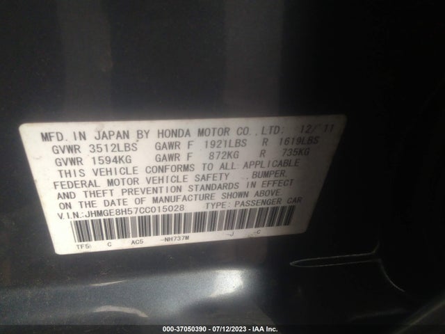 2012 HONDA FIT SPORT VIN: JHMGE8H57CC015028