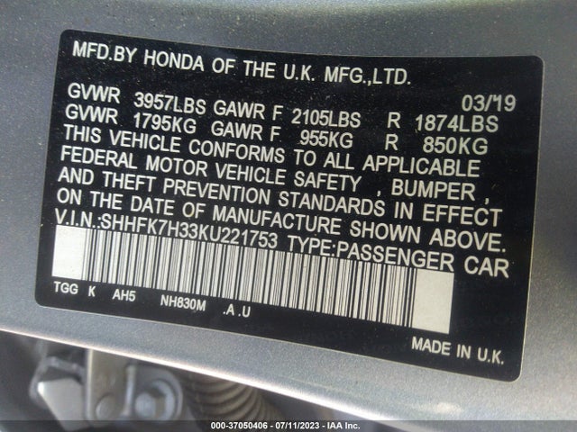 Honda Civic Hatchback Lx 2019 SHHFK7H33KU221753 Image 9