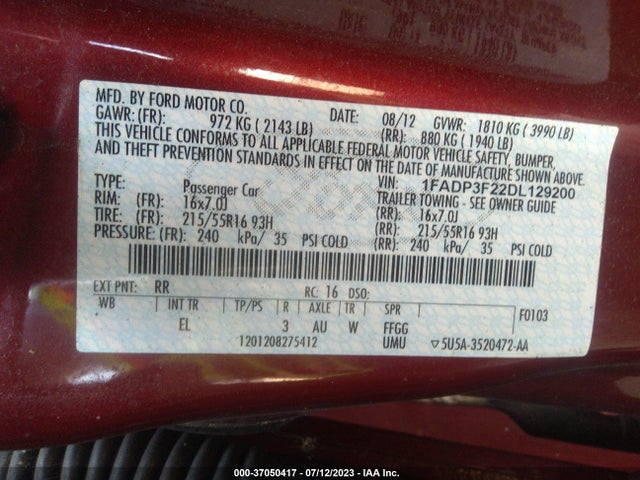 2013 FORD FOCUS SE VIN: 1FADP3F22DL129200