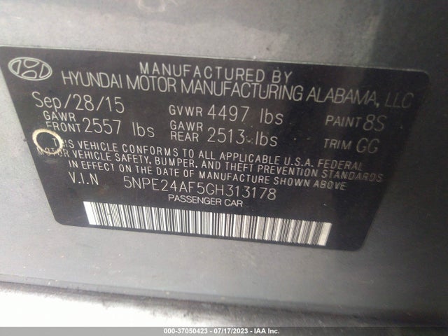 2016 HYUNDAI SONATA 2.4L SE VIN: 5NPE24AF5GH313178
