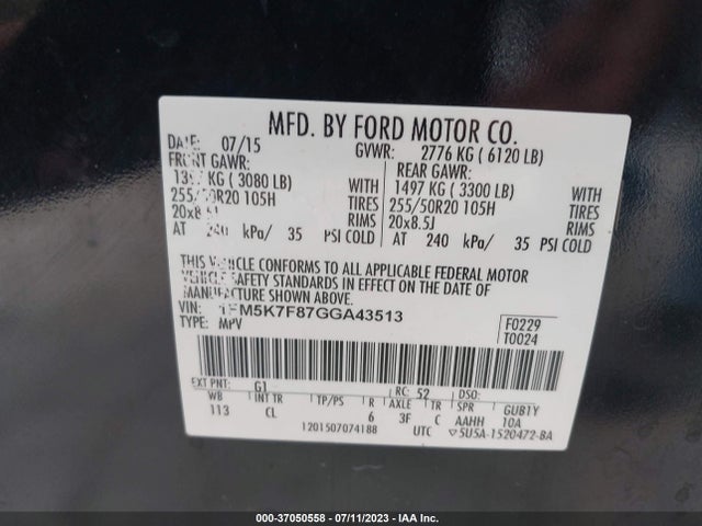2016 FORD EXPLORER LIMITED VIN: 1FM5K7F87GGA43513