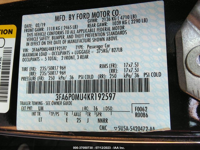 Ford Fusion Hybrid Sel 2019 3FA6P0MU4KR192597 Image 9