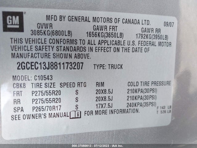 2008 CHEVROLET SILVERADO 1500 LT W/1LT VIN: 2GCEC13J881173207
