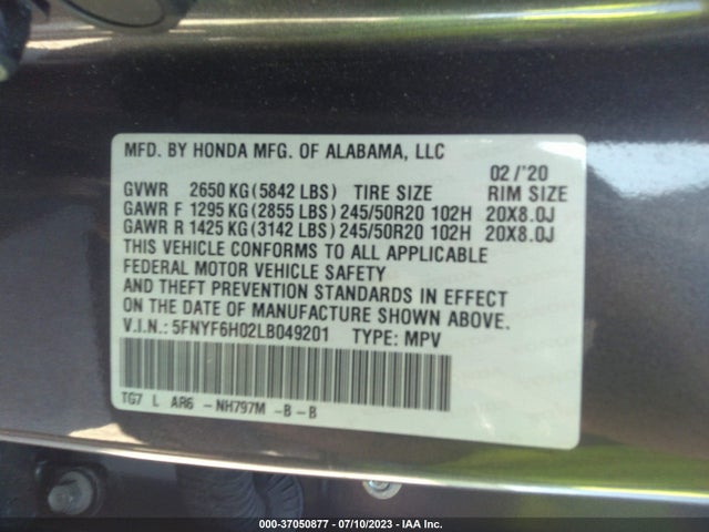 Honda Pilot Elite 2020 5FNYF6H02LB049201 Image 9