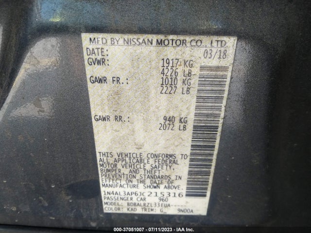 2018 NISSAN ALTIMA 2.5 SL VIN: 1N4AL3AP6JC215316
