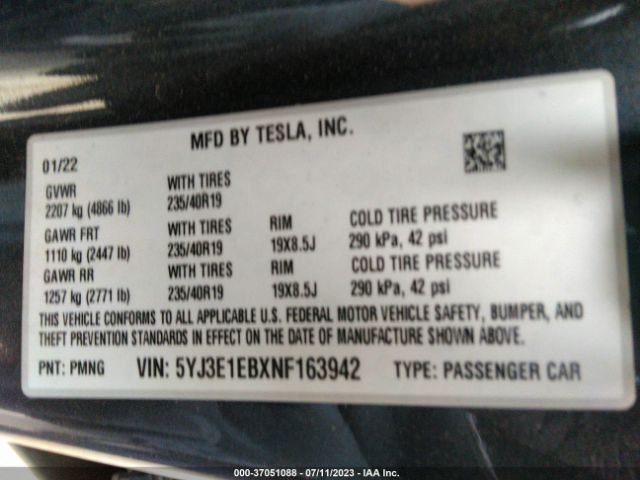 5YJ3E1EBXNF163942 Tesla Model 3 Long Range